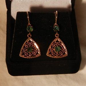 14K Gold earrings intricate triangle design with gemstones